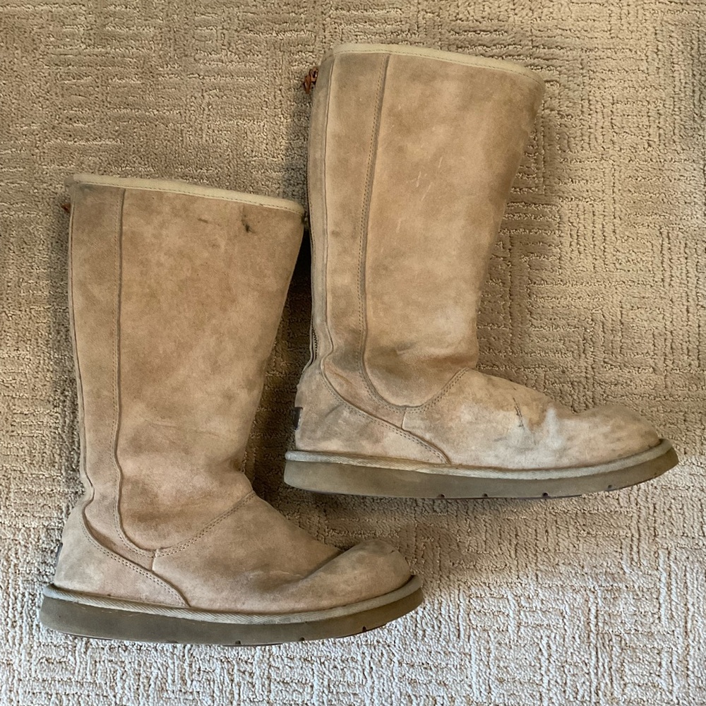 🔸💜 UGG Tall Winter Boots Leather Soft Sheepskin Lined Tan Back Zip Size 10 - Picture 2 of 10